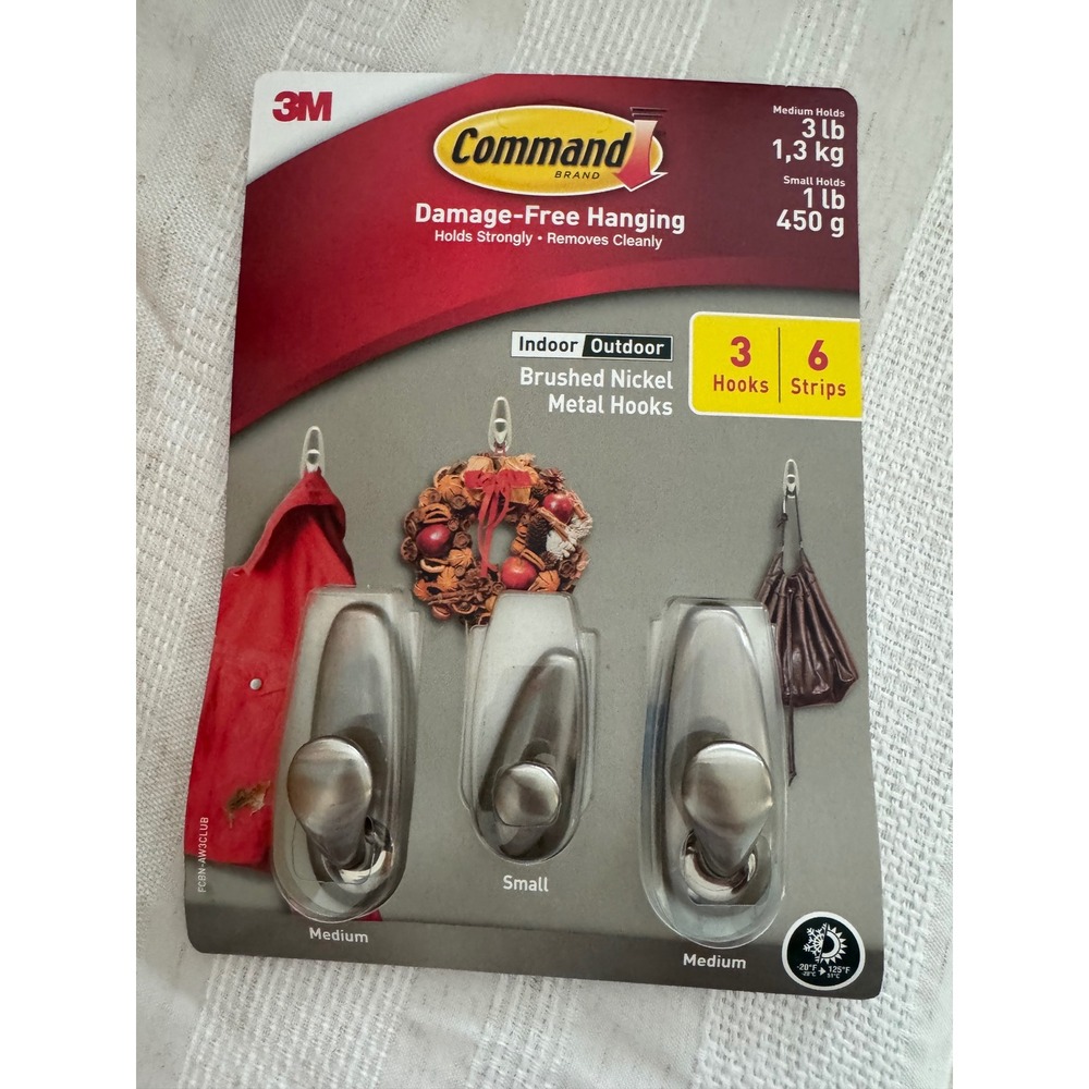 3M Command Brushed Nickel Metal Hooks Damage-Free Hanging Indoor Outdoor‎